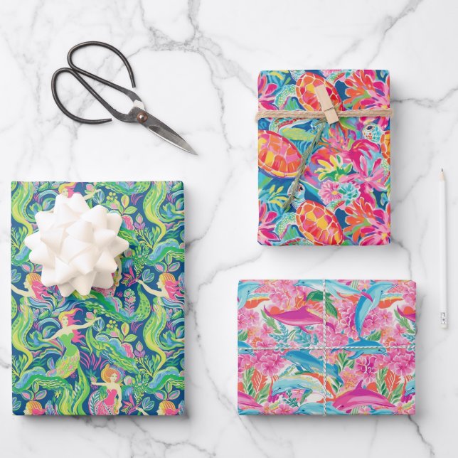 Feuille De Papier Cadeau Preppy Palm Beach Océan Mermaids Tortues Dauphins (Recto)