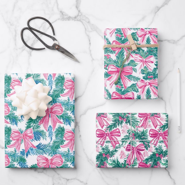Feuille De Papier Cadeau Préppy Pink Bows et Garland Christmas (Recto)