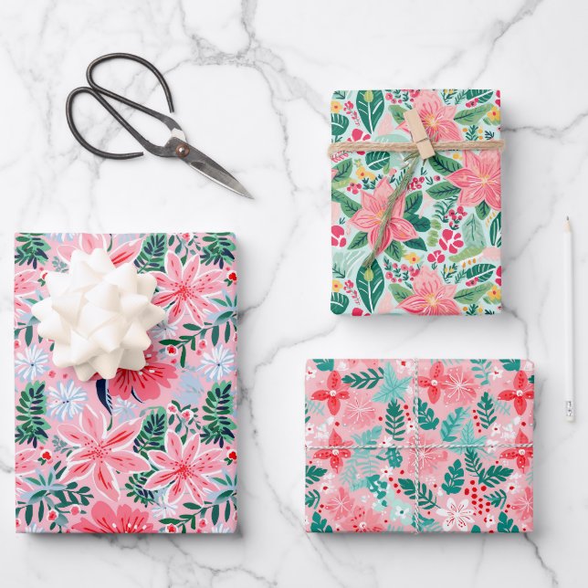 Feuille De Papier Cadeau Préppy rose & vert Noël Poinsettias & Bows (Recto)