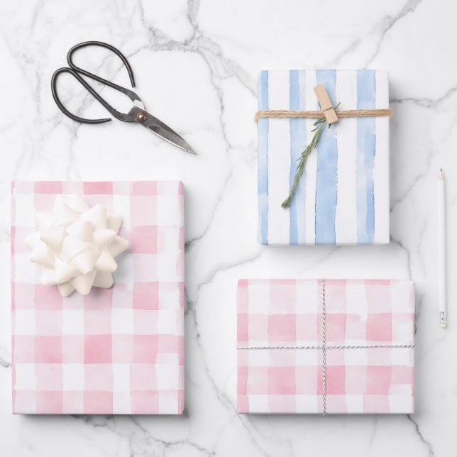 Feuille De Papier Cadeau Pretty Pink Blue White Plaid Stripes Bridal Shower (Recto)
