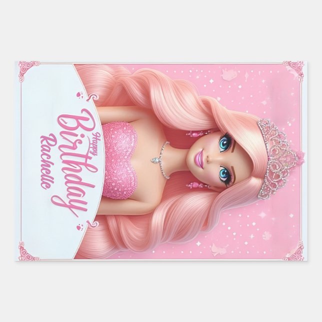 Feuille De Papier Cadeau Princesse rose personnalisée Joyeux anniversaire (Devant)