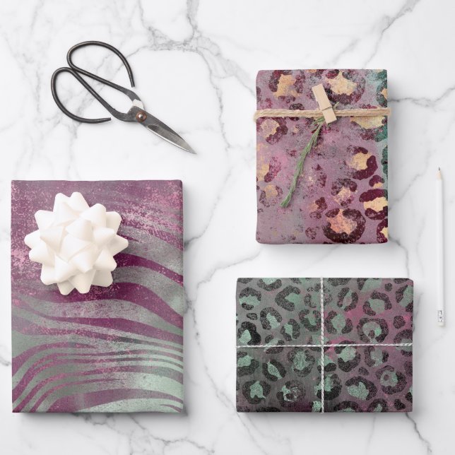 Feuille De Papier Cadeau Purple Bourgogne Aqua Mint Zebra (Recto)