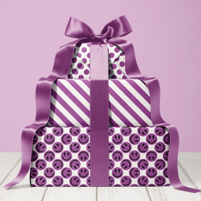 Feuille De Papier Cadeau Purple Happy Face Stripes et Polka Point (Créateur téléchargé)