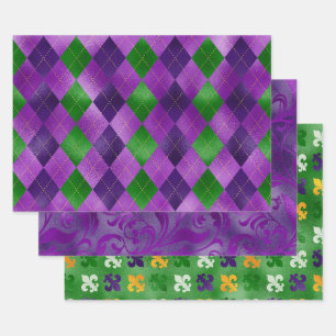 FEUILLE DE PAPIER CADEAU PURPLE OR VERT MARDI GRAS FLEUR DI LIS DIAMOND