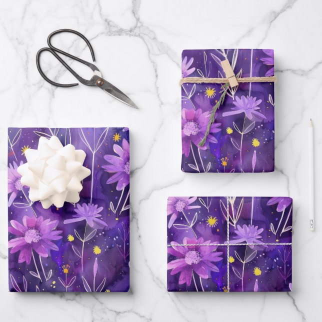 Feuille De Papier Cadeau Purple rose et jaune marguerite motif floral (Recto)