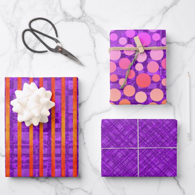 Feuille De Papier Cadeau Purple, Rose, Orange, Grilles, Plaid, Pois (Recto)