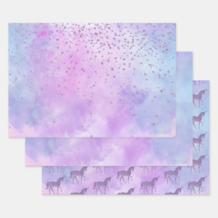 Feuille De Papier Cadeau Purple Stars Confetti Aquarelle Unicorne