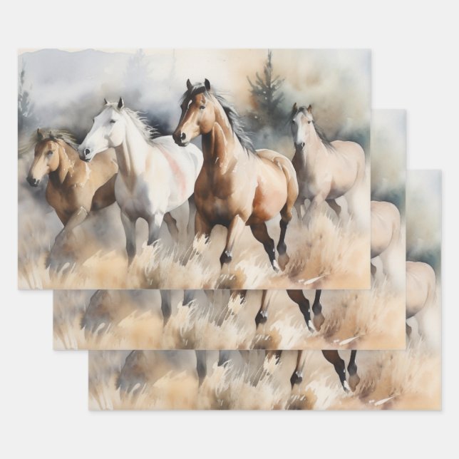 Feuille De Papier Cadeau "Quatre Mustangs sauvages" Aquarelle occidentale D (Lot)