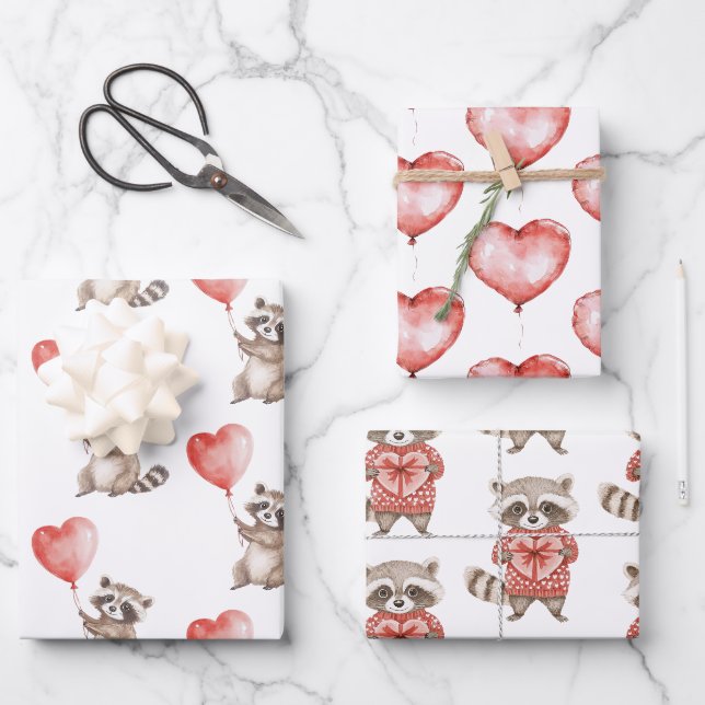 Feuille De Papier Cadeau Raccoon Coeurs Ballons Anniversaire (Recto)