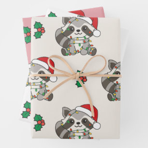 Feuille De Papier Cadeau Raccoon Noël Animaux d'hiver Vacances Raccoons