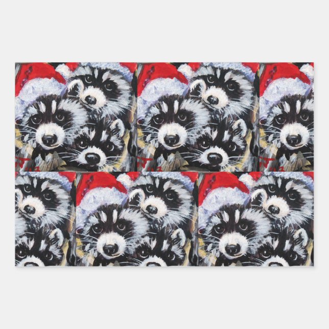 Feuille De Papier Cadeau Raccoons Noël Santa Hat Art original (Devant)