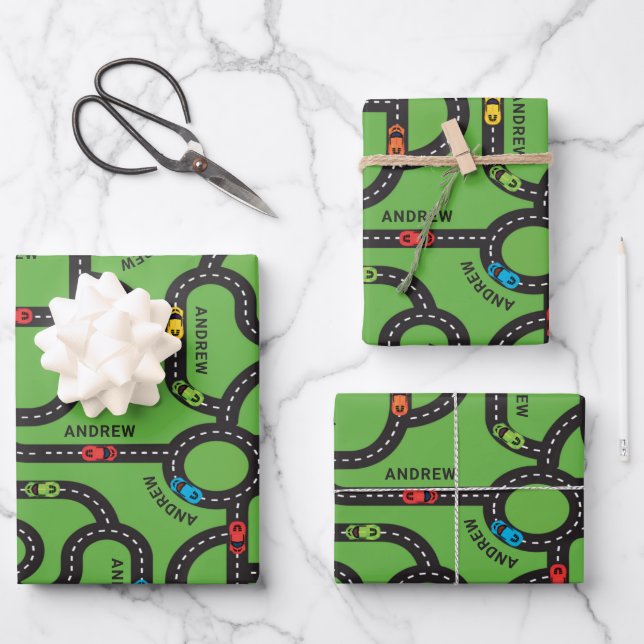 Feuille De Papier Cadeau Race Track Boys Anniversaire Livre vert (Recto)