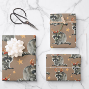 Feuille De Papier Cadeau Racoons de Noël Rustiques Kraft sous les étoiles d