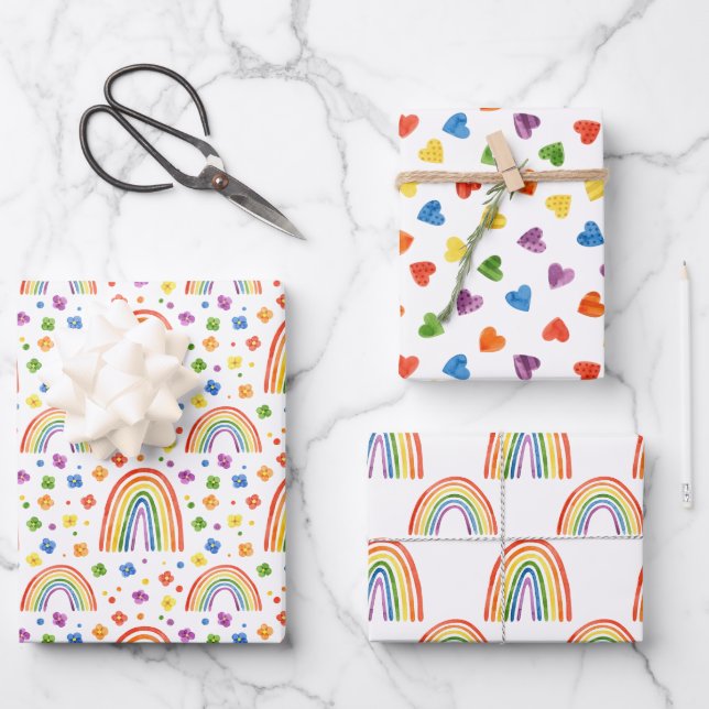 Feuille De Papier Cadeau Rainbow Hearts and Flowers Motif (Recto)