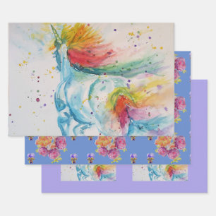 Feuille De Papier Cadeau Rainbow Unicorn mignon Magique Aquarelle