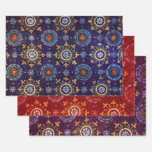 FEUILLE DE PAPIER CADEAU RAVENNA BYZANTINE MOSAÏQUES, ÉTOILES, NUIT BLEUE S
