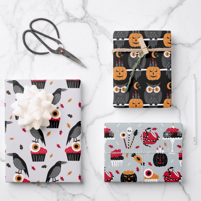 Feuille De Papier Cadeau Ravens, Eyeballs Cupcake Design Parfait Halloween (Recto)