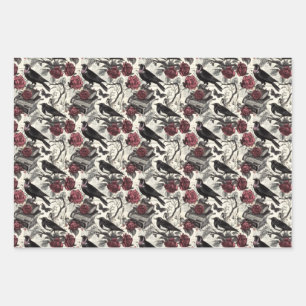 Feuille De Papier Cadeau Ravens gothiques vintages, Roses et livres