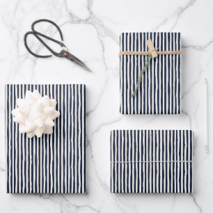 Feuille De Papier Cadeau Rayures asymétriques bleu marine et ivoire