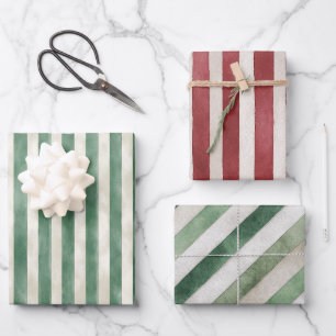 Feuille De Papier Cadeau Rayures de Noël crème vert rouge