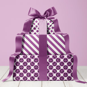 Feuille De Papier Cadeau Rayures et pois de visage heureux violet