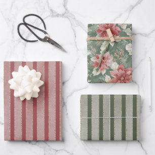 Feuille De Papier Cadeau Rayures florales rouges et vertes de Noël