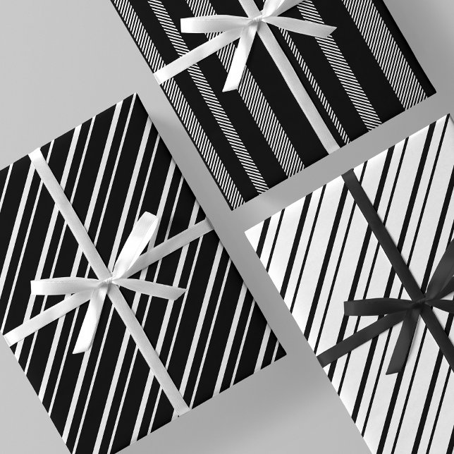 Feuille De Papier Cadeau Rayures Luxueuses & Chic Noir & Blanc (Black & White Luxurious & Chic Stripes Wrapping Paper Sheets)