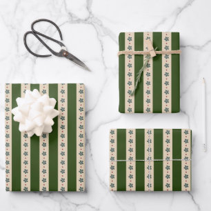 Feuille De Papier Cadeau Rayures Vertes Et Crème Et Fleurs