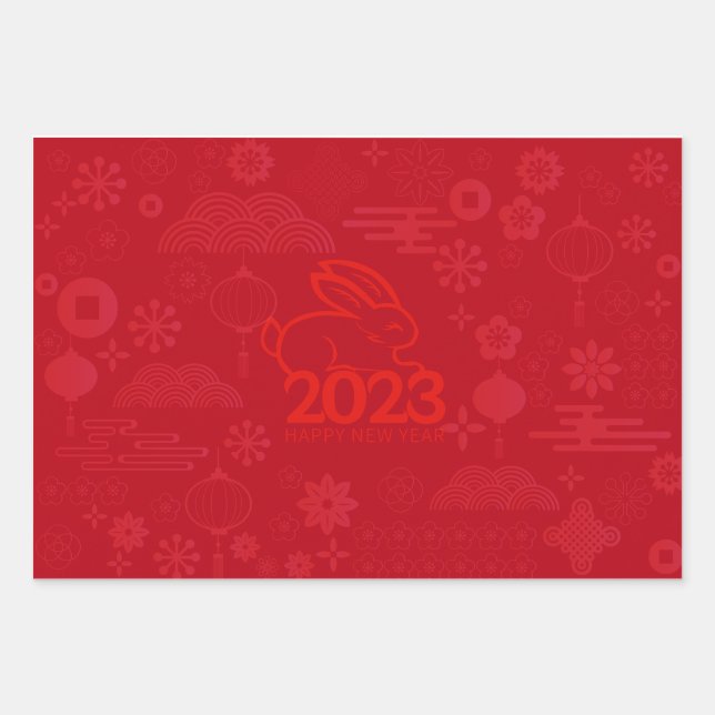 Feuille De Papier Cadeau Red 2023 Lunar Nouvel An Rabbit (Devant 3)