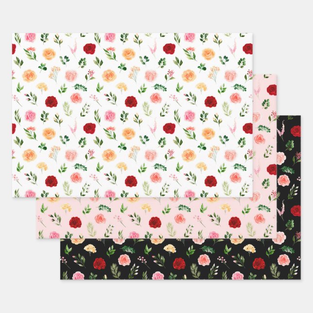 Feuille De Papier Cadeau Red and Orange Flowers with Foliage Pattern (Lot)