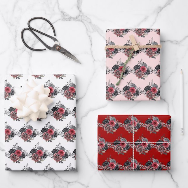 Feuille De Papier Cadeau Red and Silver Elegant Flowers (Recto)
