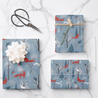 Feuille De Papier Cadeau Red Blue moderne Nordic Winter Foxes Birds Motif