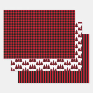 Feuille De Papier Cadeau Red Buffalo Check Pine Trees Stripes Noël