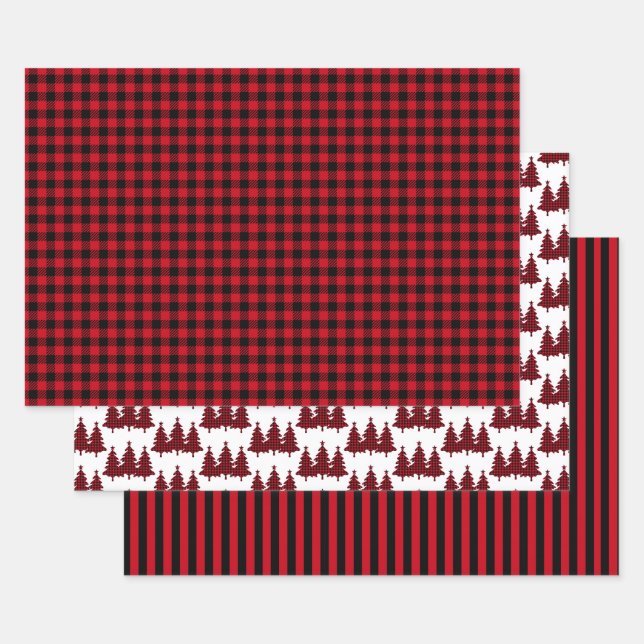Feuille De Papier Cadeau Red Buffalo Check Pine Trees Stripes Noël (Lot)