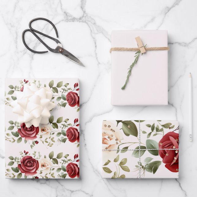 Feuille De Papier Cadeau Red Cream Rose Mariage or (Recto)