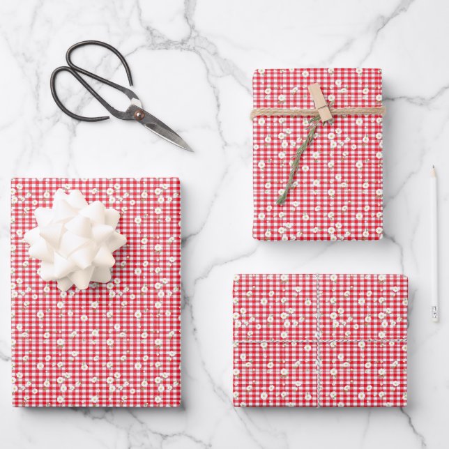 Feuille De Papier Cadeau Red Gingham with Little White Daisies (Recto)