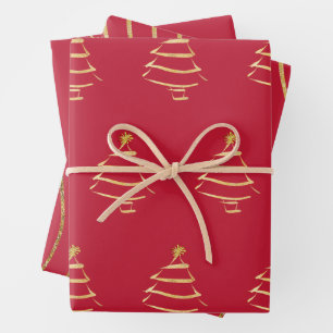 Feuille De Papier Cadeau Red Gold Christmas Tree Snowflake Lignes de vague