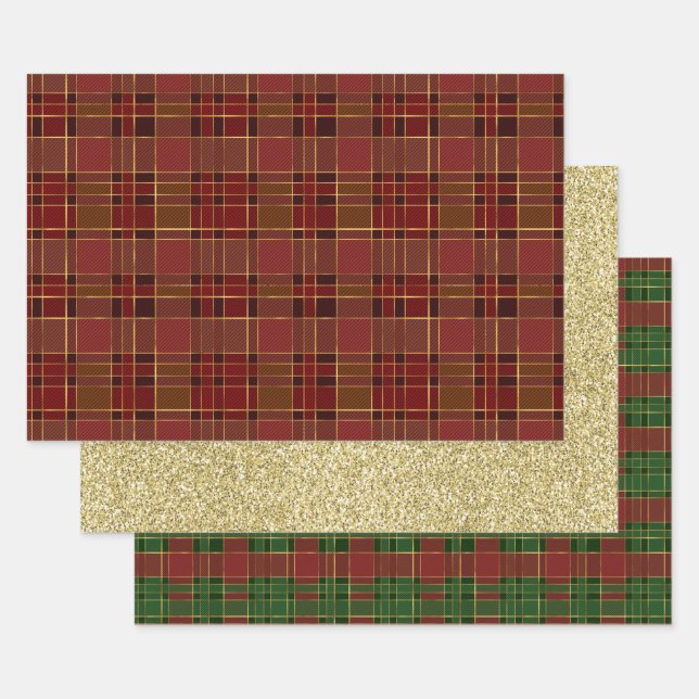 Feuille De Papier Cadeau Red Gold Plaid  (Lot)