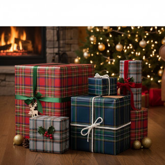 Feuille De Papier Cadeau Red, Green, and Grey Tartan Wrapping Paper Flat