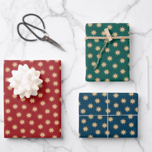 Feuille De Papier Cadeau Red Green Blue & Faux Gold Foil Stars Motif
