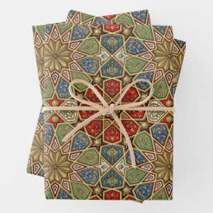 Feuille De Papier Cadeau Red Green Blue Faux Gold Motif d'art arabe