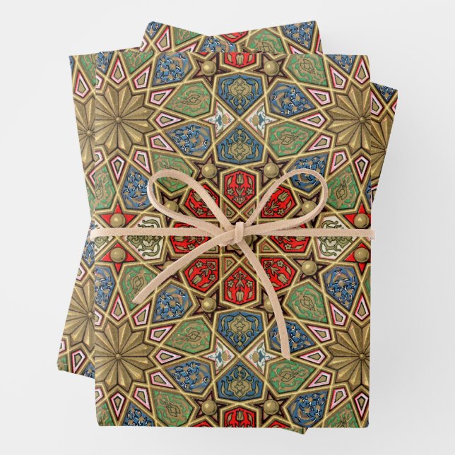 Feuille De Papier Cadeau Red Green Blue Faux Gold Motif d'art arabe (En situation)