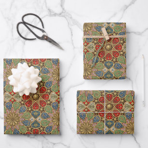 Feuille De Papier Cadeau Red Green Blue Faux Gold Motif d'art arabe