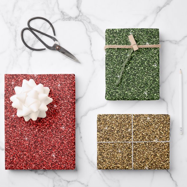 Feuille De Papier Cadeau Red Green Gold Parties scintillant Noël tendance (Recto)
