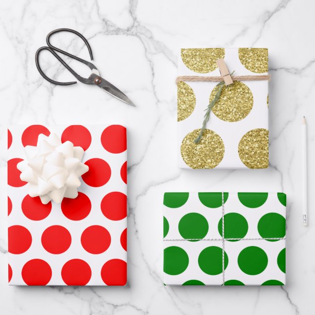 Feuille De Papier Cadeau Red Green Gold Parties scintillant Polka Dot Chris (Recto)