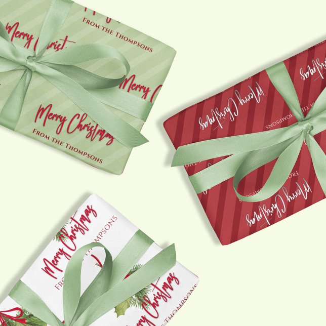 Feuille De Papier Cadeau Red Green Joyeux Noël personnalisé (Merry Christmas holiday watercolor greenery and striped wrapping paper set.)