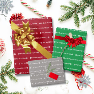 Feuille De Papier Cadeau Red Green Silver Répétition Nom Motif Noël