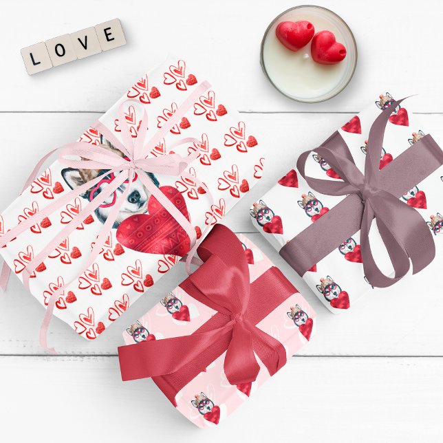 Feuille De Papier Cadeau Red Hearts Husky Amoureux des chiens Valentines Ca (Créateur téléchargé)