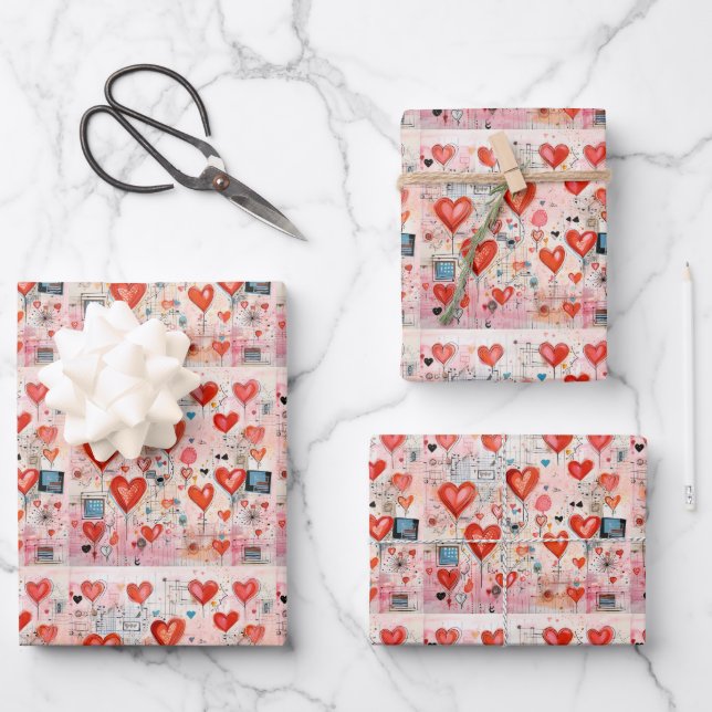 Feuille De Papier Cadeau Red Hearts Whimsical Love Motif (Recto)