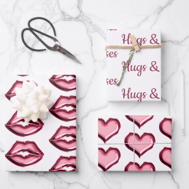Feuille De Papier Cadeau Red Lips Kiss Hearts (Recto)